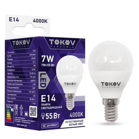 Лампа светодиодная 7Вт G45 4000К Е14 176-264В  TKE-G45-E14-7-4K