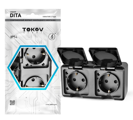 Розетка 2-м ОП Dita 16А IP54 250В с заземл. с крышкой карбон  TKL-DT-R2Z-C14-IP54