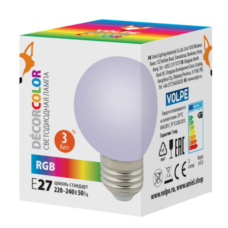 Лампа декоративная светодиод. LED-G60-3W/RGB/E27/FR/С Шармат RGB упак. картон.  UL-00006960