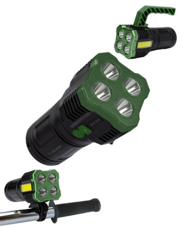 Фонарь-прожектор аккумуляторный ручной 4Вт SMD LED+3Вт COB LED Li-ion 18650 1200мА.ч корпус ABS-пластик индикатор уровня заряда USB-шнур съемные ручка и регул. противоскол. резин. держатель-крепл. для велосипеда  KOC902Lit