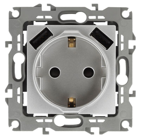 Розетка 16А 250В 2P+E с 2хUSB 5В-3А защ. шторки 12 алюм. 12-4109-03 ЭРА Б0047842
