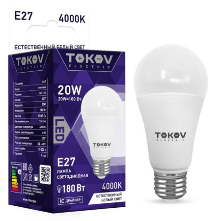 Лампа светодиодная 20Вт А60 4000К Е27 176-264В  TKE-A60-E27-20-4K