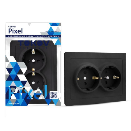 Розетка 2-м СП Pixel 16А IP20 с заземл. защ. шторки в сборе карбон  TKE-PX-R2FZSF-C14