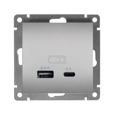 Розетка 2-м USB СП Афина тип А+С 5В 1х2.4А 2х4А механизм серебро  А0059-S