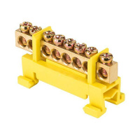 Шина нулевая PE 6х9 8 отвер. латунь желт. изолятор тип "Стойка" на DIN-рейку PROxima  sn0-63-8-sy