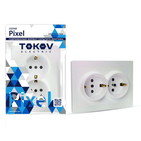 Розетка 2-м СП Pixel 16А IP20 с заземл. защ. шторки в сборе перламутр.  TKE-PX-R2FZSF-C04