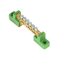 Шина нулевая PE 6х9 6 отвер. латунь с контактной пластиной 2 зел. угловых изолятора PROxima  sn0-63-06-2-pe