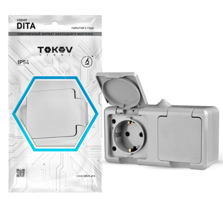 Розетка 2-м ОП Dita 16А IP54 250В с заземл. с крышкой сер.  TKL-DT-R2Z-C06-IP54