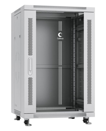 Шкаф монтажный телекоммуникационный напольный SH-05C-18U60/60 19дюйм 18U 600х600х988мм для распределит. и серверн. оборудования передн. стеклян. и задн. сплошн. метал. двери ручка с замком RAL сер.  7043c