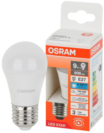 Лампа светодиодная LED Star 9Вт 6500К холод. бел. E27 806лм P угол пучка 180град. 170-250В (замена 75Вт) матов. пластик OSRAM 4058075696686