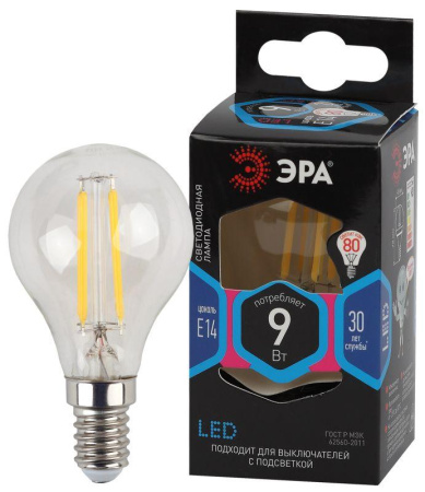Лампа светодиодная филаментная F-LED P45-9W-840-E14 9Вт P45 шар 4000К нейтр. бел. E14  Б0047026