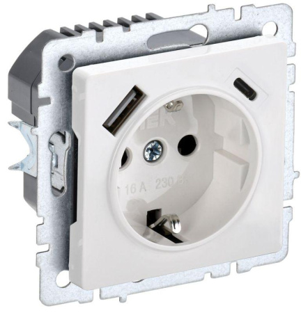 Розетка BRITE РЮш11-1-БрБ 16А с USB A+C 18Вт с заземл. защ. шторки механизм бел.  BR-R14-16-U22-018-K01