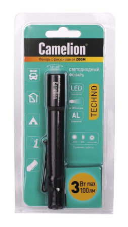 Фонарь LED51533 LED XPE ZOOM 3 режима 2хLR03 алюм. черн. (открывающ. блист.)  14535