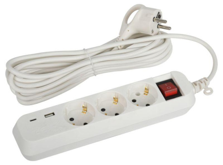 Удлинитель 3х5м с заземл. 10А 1xUSBA+1xUSBC с выкл. UB-3es-5m-USB  Б0052899