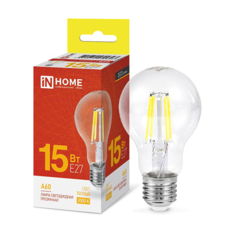 Лампа светодиодная филаментная LED-A60-deco грушевидная прозрачная 15Вт 230В E27 3000К 1480лм  4690612055893