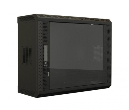 Шкаф настенный (19дюйм) 12U 650х600х250 со стеклянной дверью несъемные боковые панели (RAL 9004) (собранный) TWS-1225-GP-RAL9004 черн.  447459