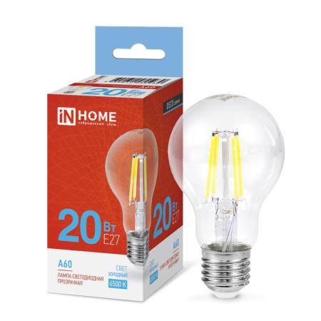 Лампа светодиодная филаментная LED-A60-deco грушевидная прозрачная 20Вт 230В E27 6500К 1890лм  4690612055930