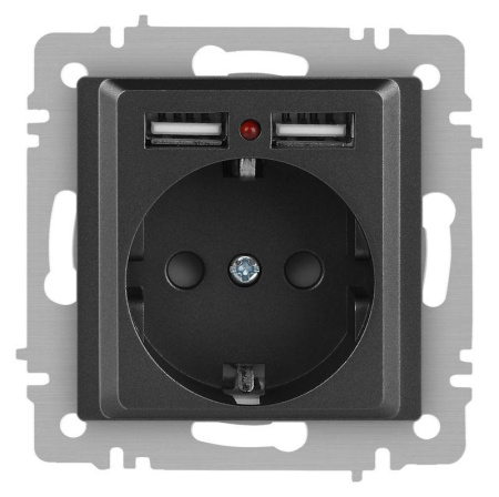 Розетка Accent 6-410-07 P+E Schuko со шторками 16А-250В + 2хUSB IP20 СУ графит  Б0063702