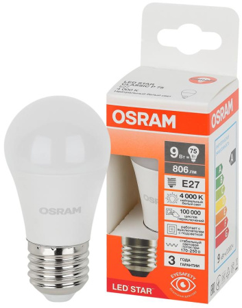 Лампа светодиодная LED Star 9Вт 4000К нейтр. бел. E27 806лм P угол пучка 180град. 170-250В (замена 75Вт) матов. пластик OSRAM 4058075696624