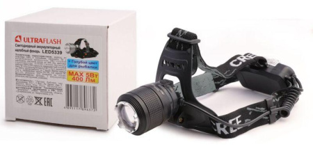 Фонарь налобный аккумуляторный LED5339 3.7В LED+син. LED 5Вт фокус 2 ак. 4 реж USB черн.  15041